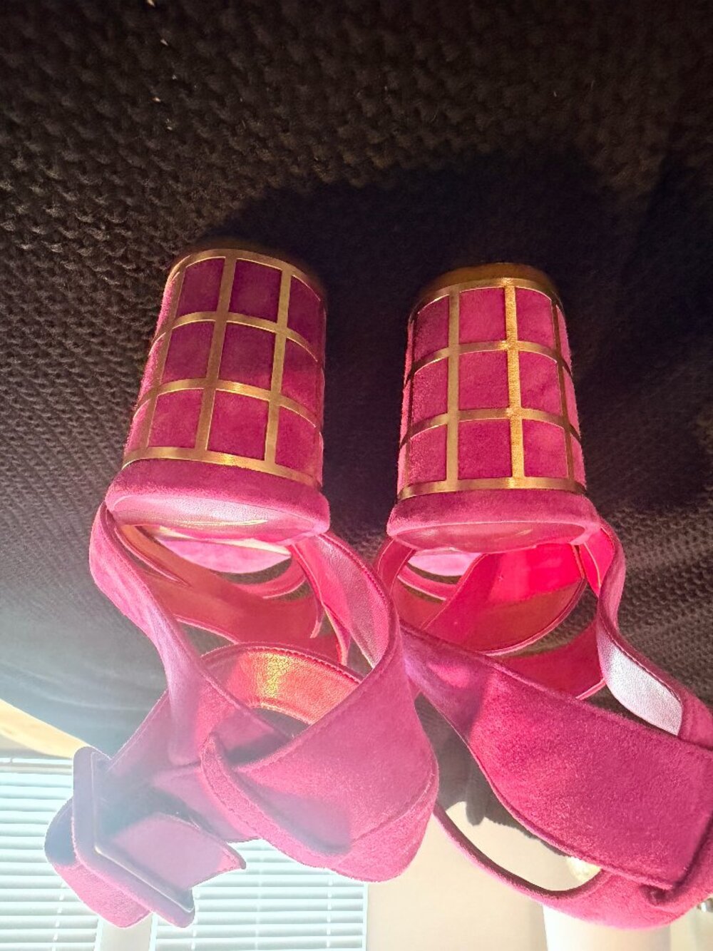 Brian Atwood Fuchsia Suede Gold Cage Heels 10